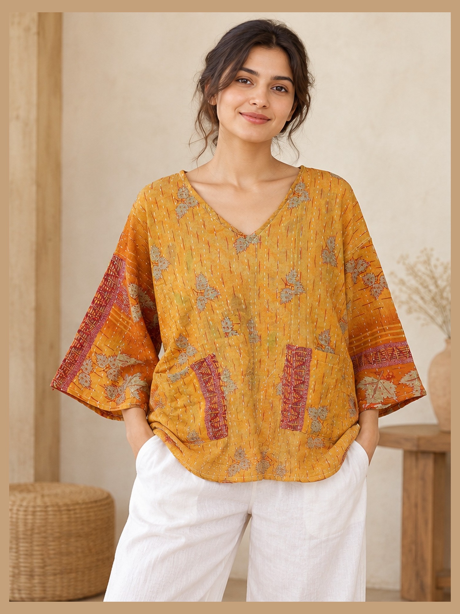 Saffron Orange Floral Reversible Kantha Top – Handmade Vintage Cotton Sari Boho Top, Free Size