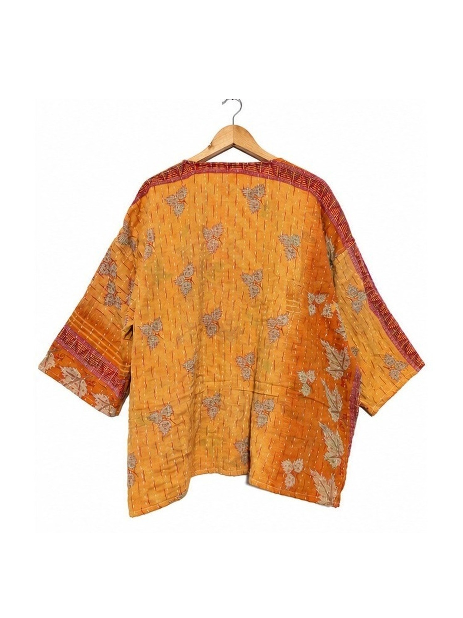 Saffron Orange Floral Reversible Kantha Top – Handmade Vintage Cotton Sari Boho Top, Free Size - Image 4