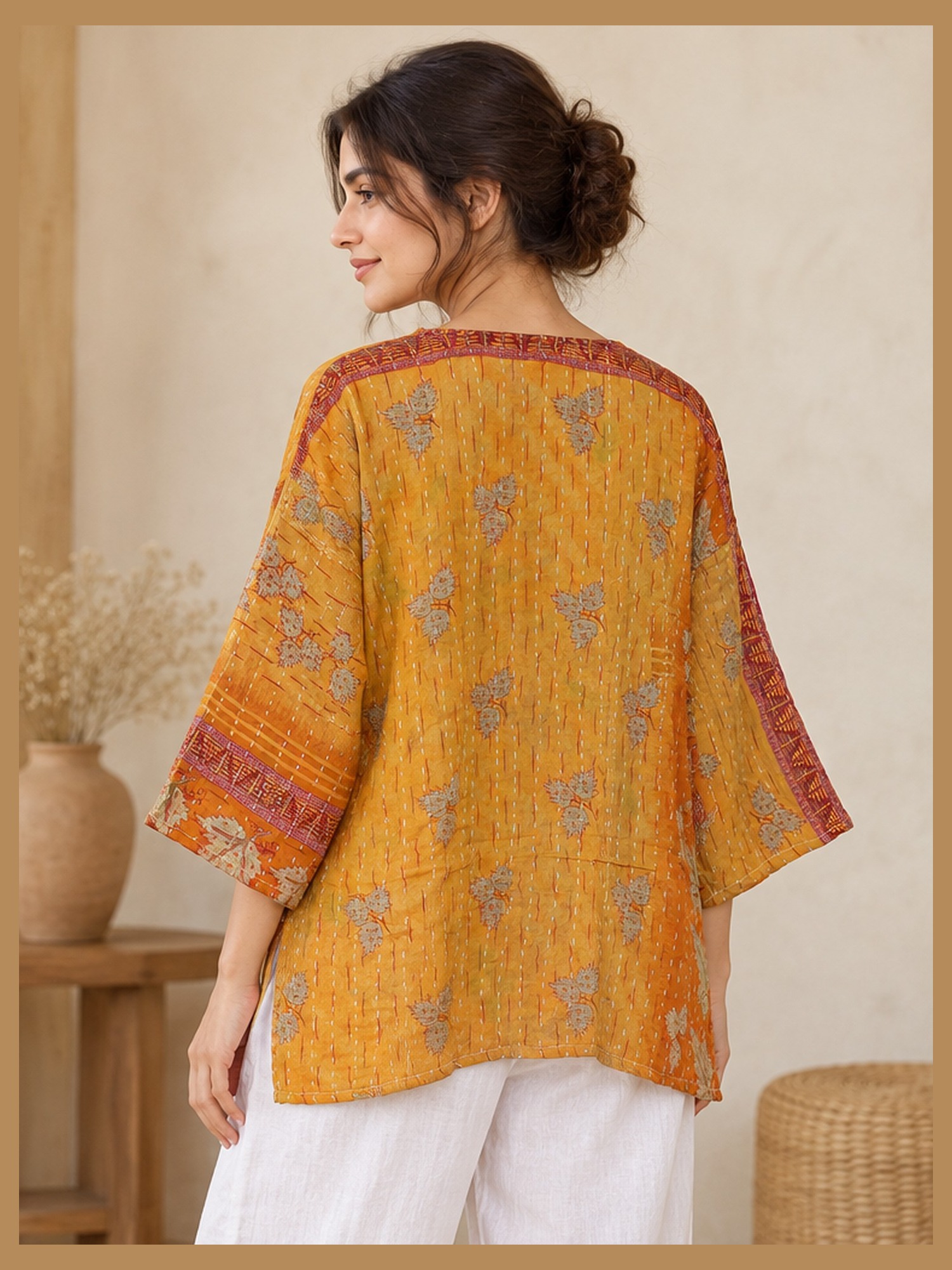 Saffron Orange Floral Reversible Kantha Top – Handmade Vintage Cotton Sari Boho Top, Free Size - Image 5