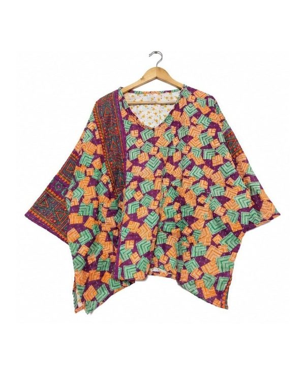 Alternative view of Plum and Peach Geometric Reversible Kantha Top – Handmade Vintage Cotton Sari Boho Top, Free Size