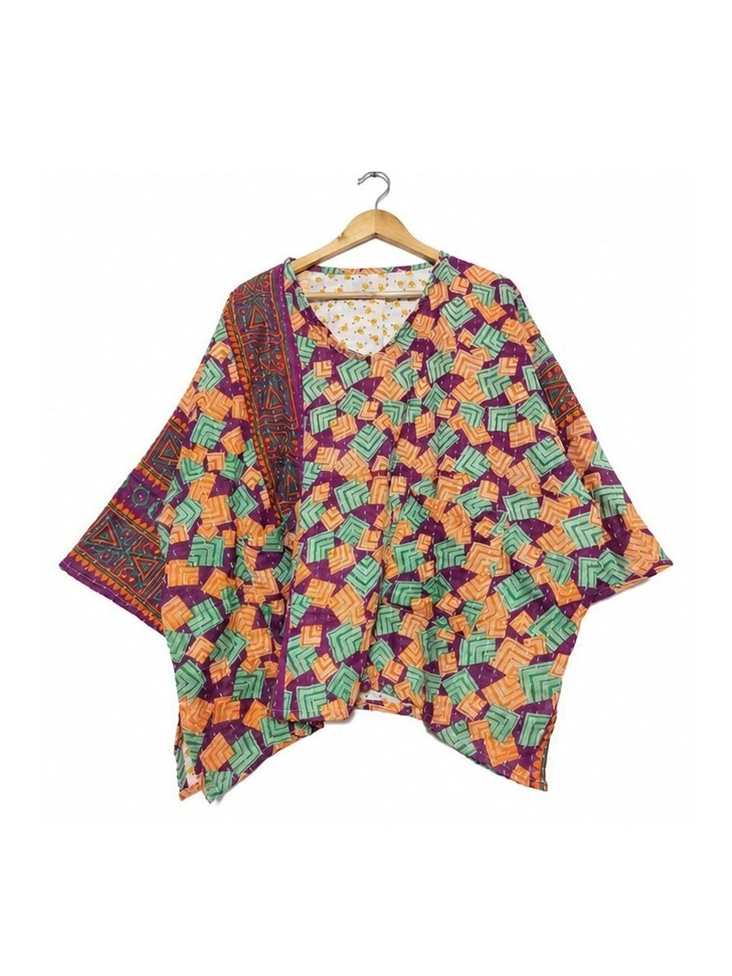 Plum and Peach Geometric Reversible Kantha Top – Handmade Vintage Cotton Sari Boho Top, Free Size - Image 2