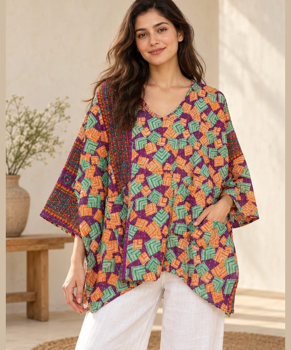 Plum and Peach Geometric Reversible Kantha Top – Handmade Vintage Cotton Sari Boho Top, Free Size