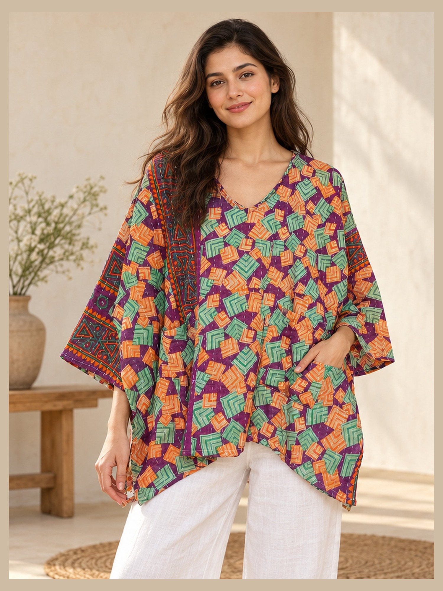 Plum and Peach Geometric Reversible Kantha Top – Handmade Vintage Cotton Sari Boho Top, Free Size