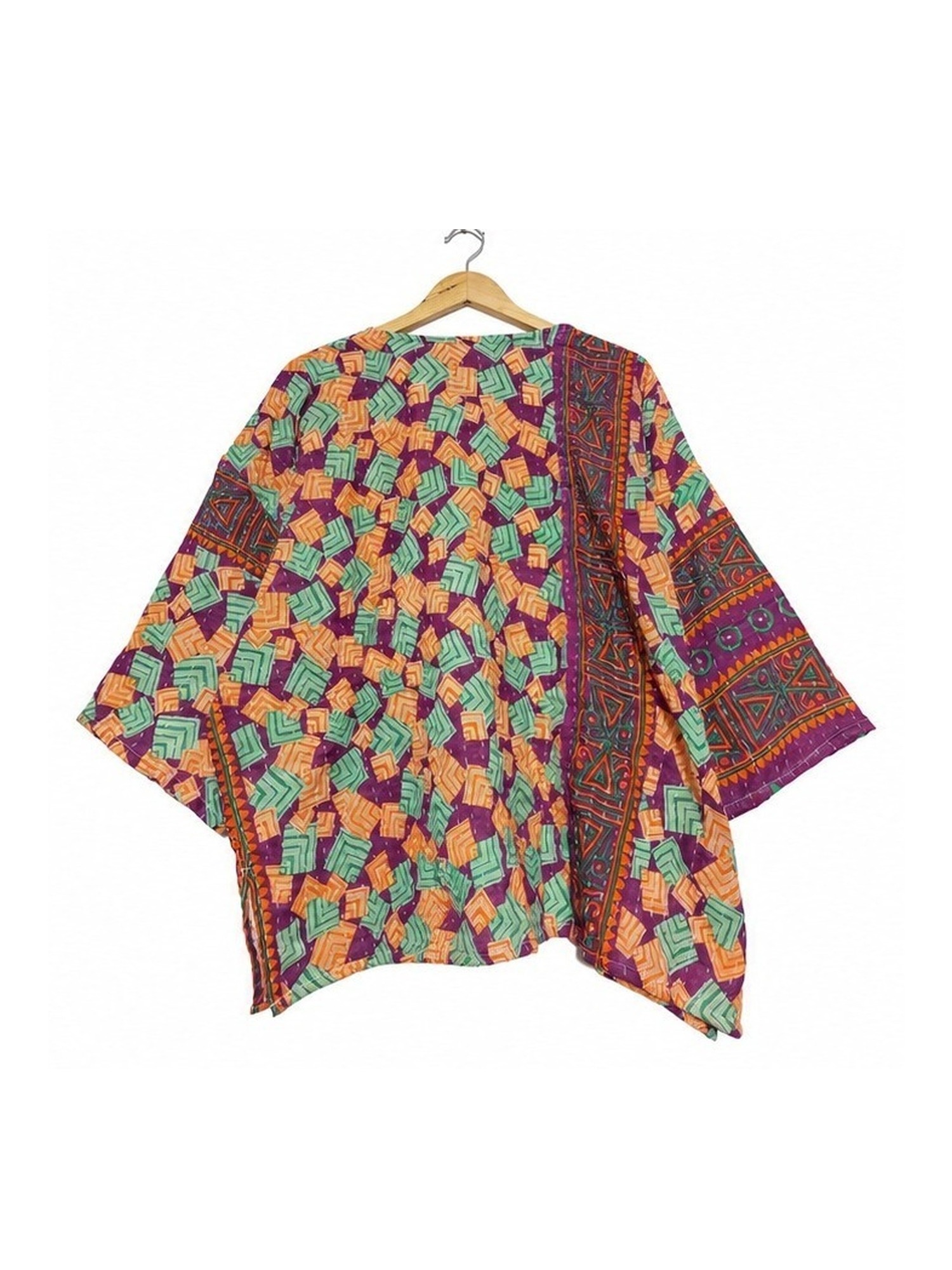Plum and Peach Geometric Reversible Kantha Top – Handmade Vintage Cotton Sari Boho Top, Free Size - Image 4