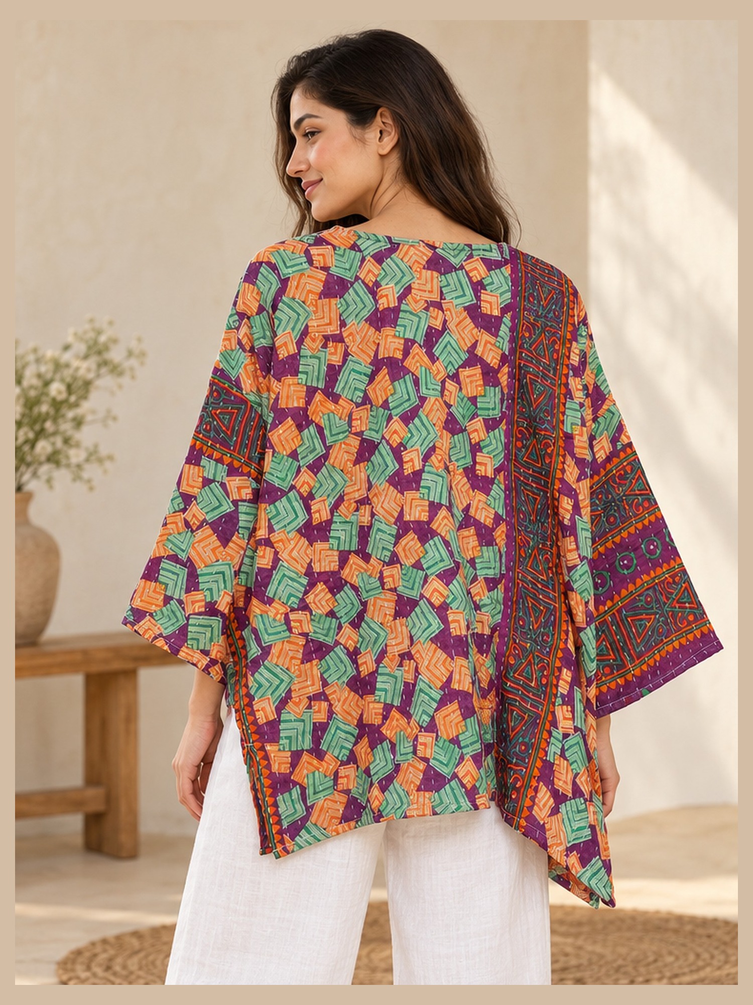 Plum and Peach Geometric Reversible Kantha Top – Handmade Vintage Cotton Sari Boho Top, Free Size - Image 5
