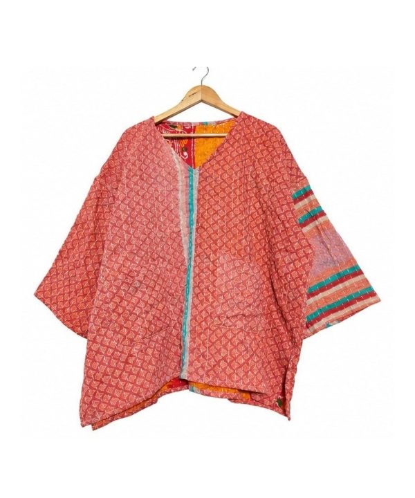Alternative view of Coral Red Lattice Print Reversible Kantha Top – Handmade Vintage Cotton Sari Boho Top, Free Size