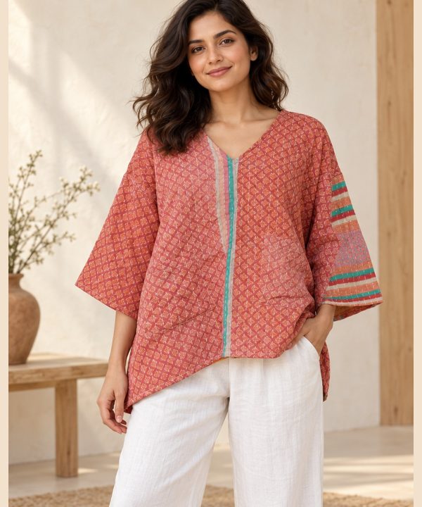 Coral Red Lattice Print Reversible Kantha Top – Handmade Vintage Cotton Sari Boho Top, Free Size
