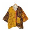 Mustard and Brown Leaf Batik Reversible Kantha Top – Handmade Vintage Cotton Sari Boho Top, Free Size - Image 2