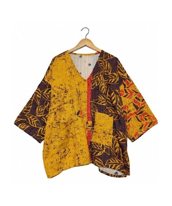 Alternative view of Mustard and Brown Leaf Batik Reversible Kantha Top – Handmade Vintage Cotton Sari Boho Top, Free Size