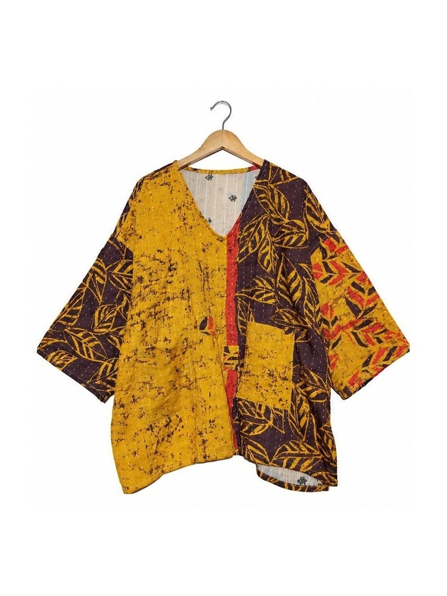 Mustard and Brown Leaf Batik Reversible Kantha Top – Handmade Vintage Cotton Sari Boho Top, Free Size - Image 2