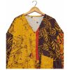 Mustard and Brown Leaf Batik Reversible Kantha Top – Handmade Vintage Cotton Sari Boho Top, Free Size - Image 3