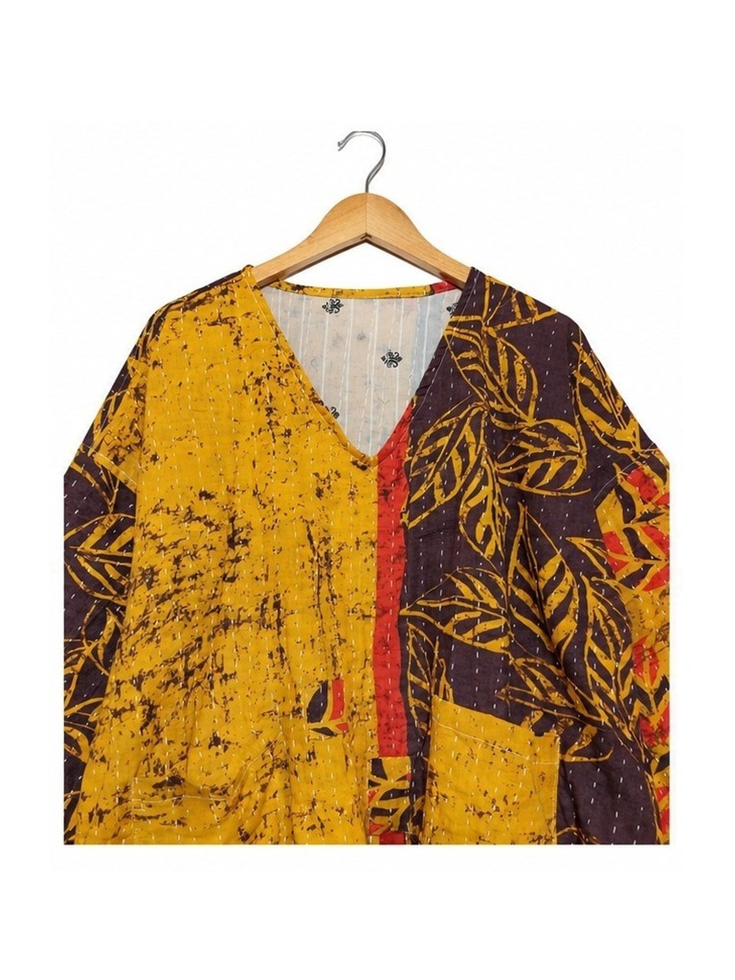 Mustard and Brown Leaf Batik Reversible Kantha Top – Handmade Vintage Cotton Sari Boho Top, Free Size - Image 3