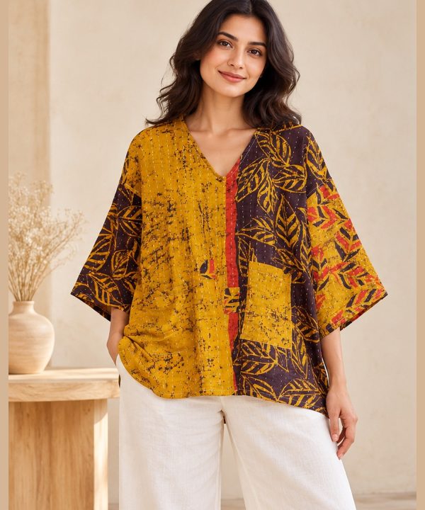 Mustard and Brown Leaf Batik Reversible Kantha Top – Handmade Vintage Cotton Sari Boho Top, Free Size
