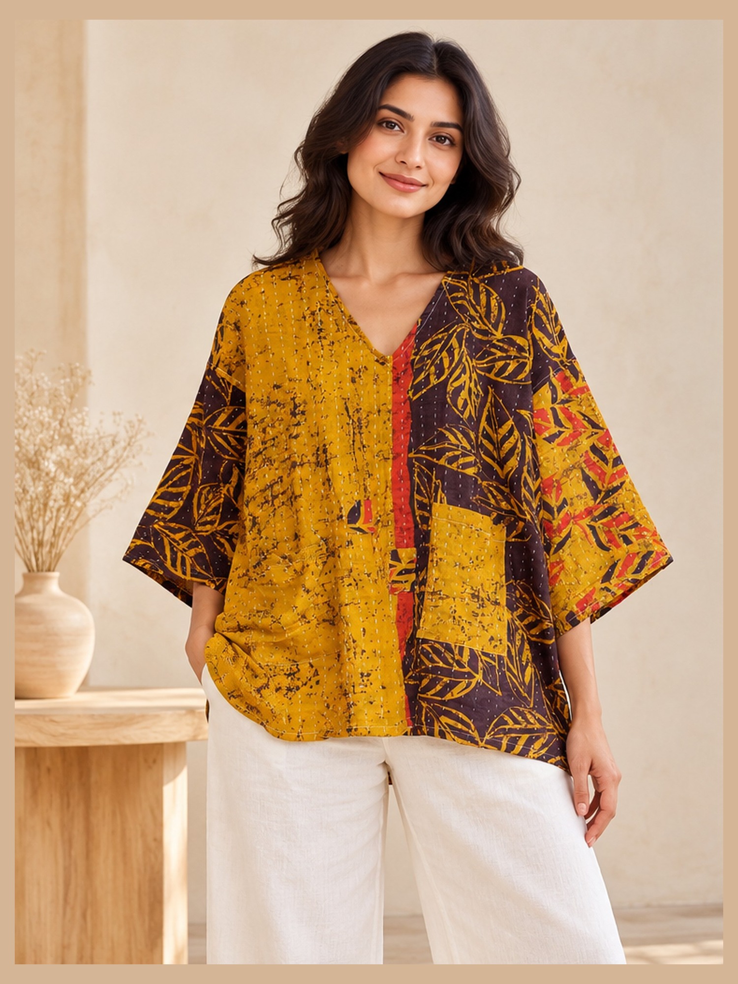 Mustard and Brown Leaf Batik Reversible Kantha Top – Handmade Vintage Cotton Sari Boho Top, Free Size