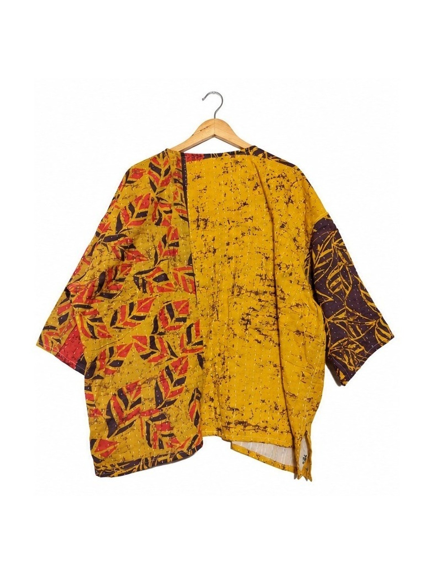 Mustard and Brown Leaf Batik Reversible Kantha Top – Handmade Vintage Cotton Sari Boho Top, Free Size - Image 4