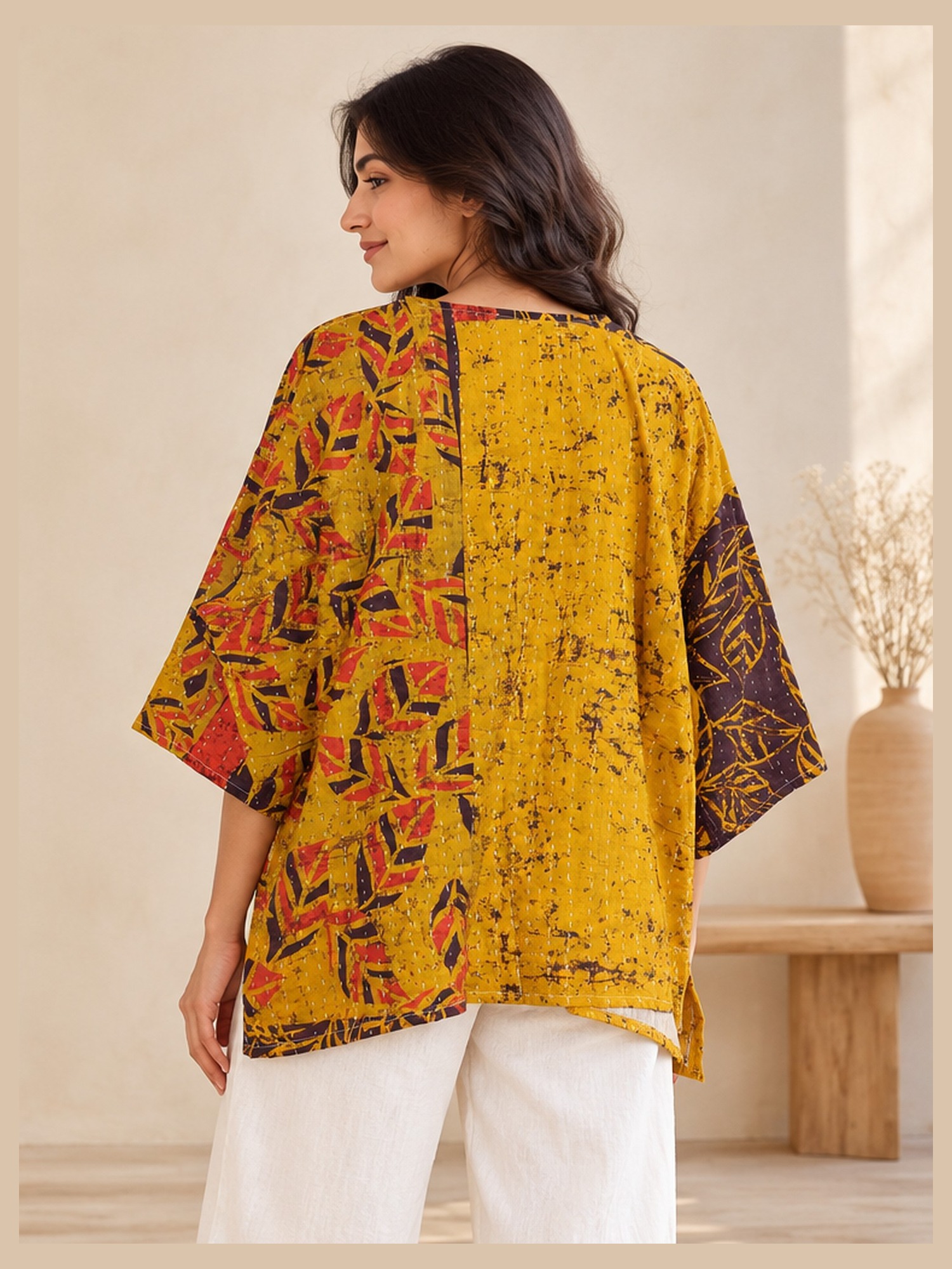 Mustard and Brown Leaf Batik Reversible Kantha Top – Handmade Vintage Cotton Sari Boho Top, Free Size - Image 5