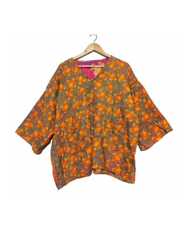 Alternative view of Rust and Olive Floral Reversible Kantha Top – Handmade Vintage Cotton Sari Boho Top, Free Size
