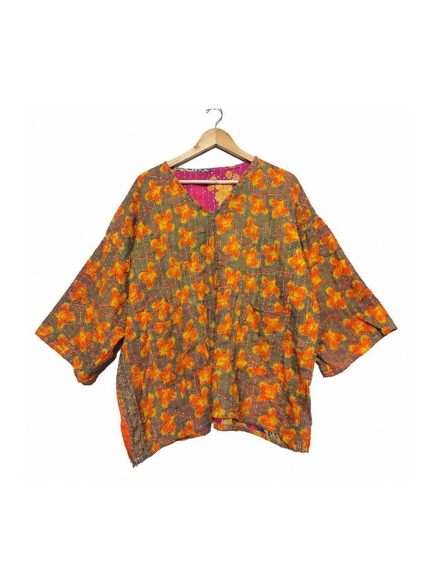 Rust and Olive Floral Reversible Kantha Top – Handmade Vintage Cotton Sari Boho Top, Free Size - Image 2
