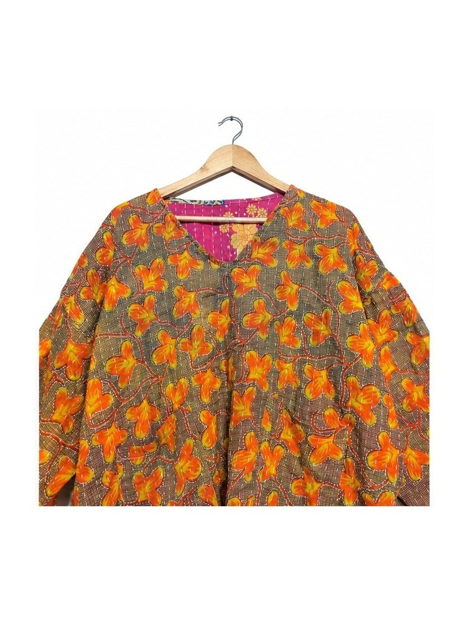 Rust and Olive Floral Reversible Kantha Top – Handmade Vintage Cotton Sari Boho Top, Free Size - Image 3