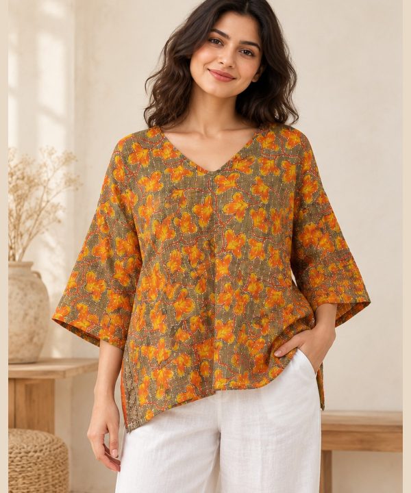Rust and Olive Floral Reversible Kantha Top – Handmade Vintage Cotton Sari Boho Top, Free Size