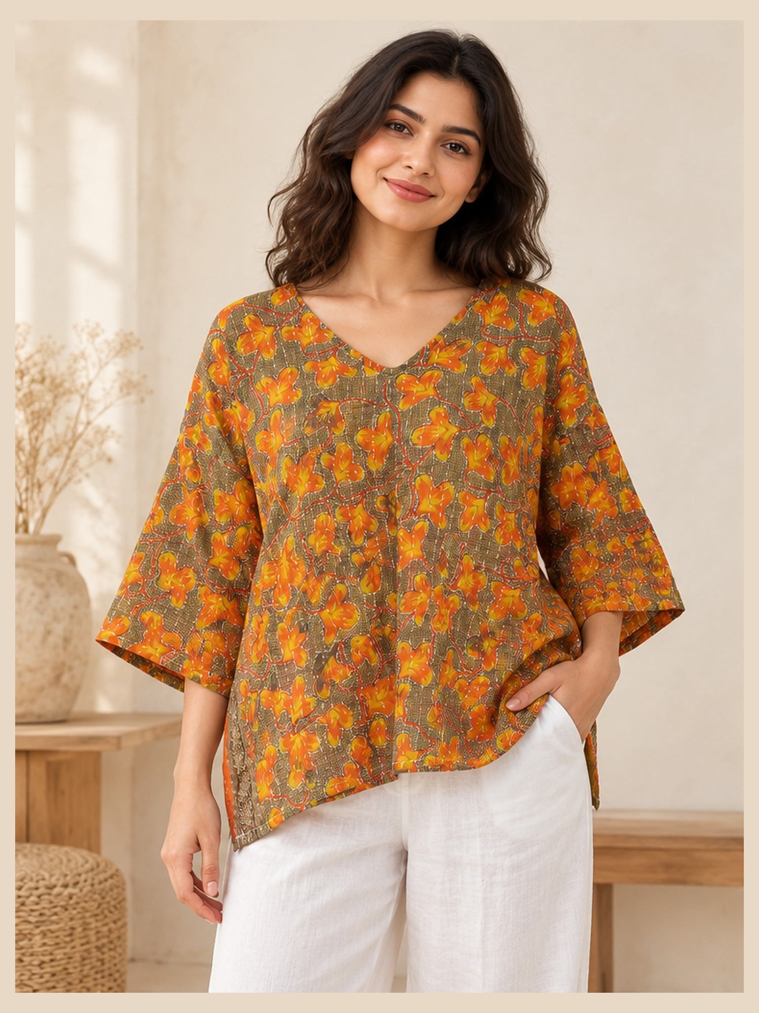Rust and Olive Floral Reversible Kantha Top – Handmade Vintage Cotton Sari Boho Top, Free Size