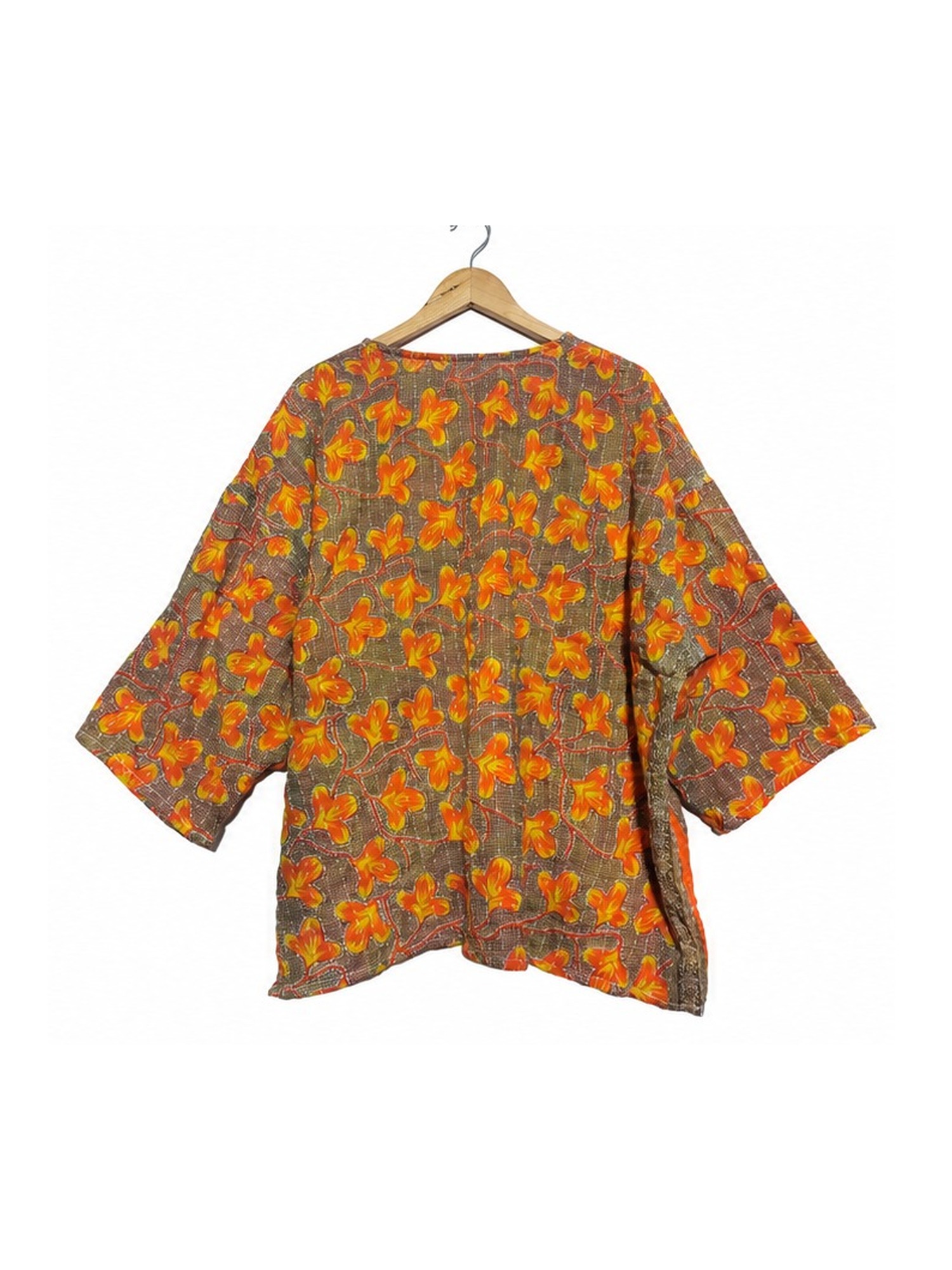 Rust and Olive Floral Reversible Kantha Top – Handmade Vintage Cotton Sari Boho Top, Free Size - Image 4