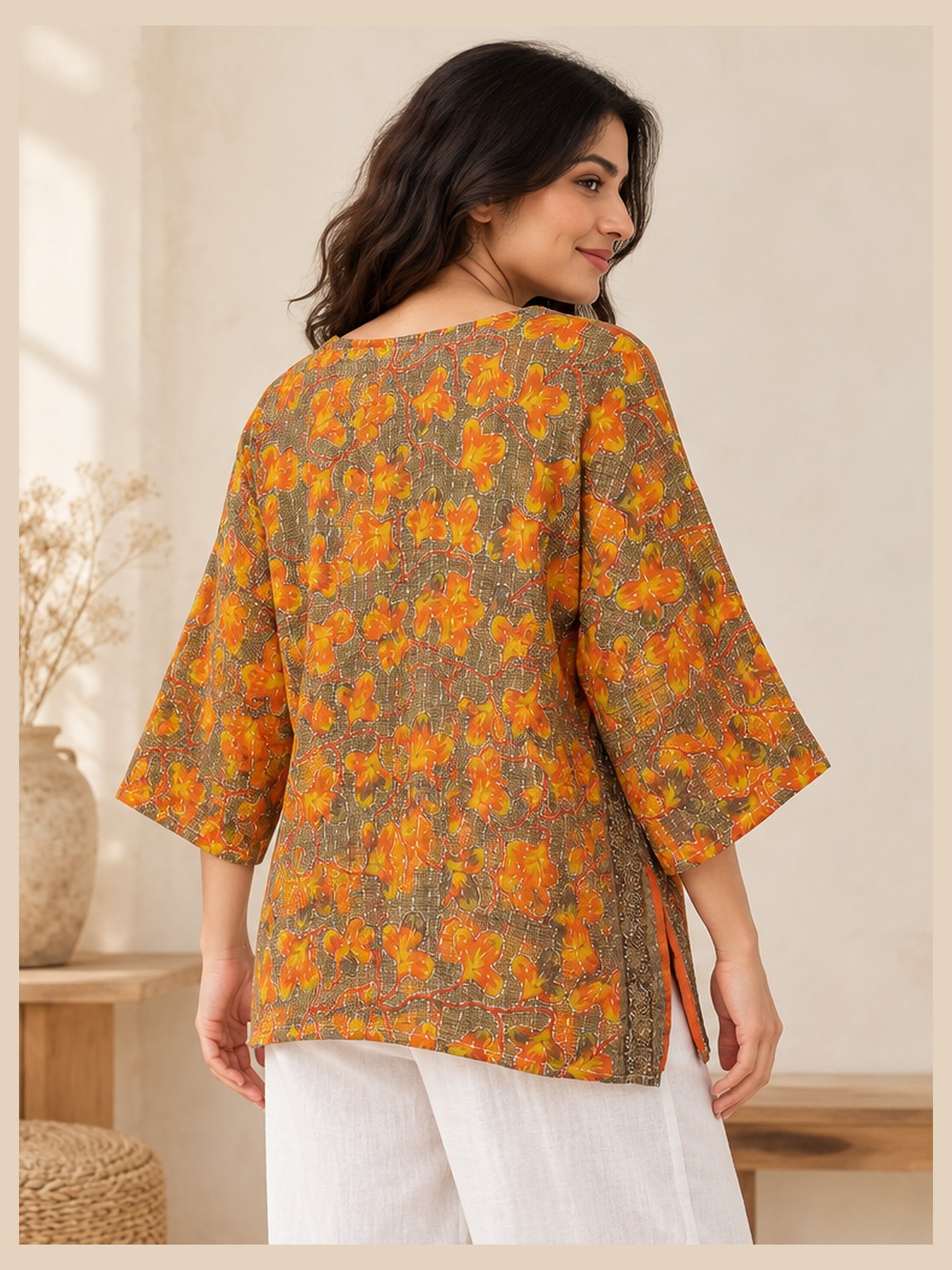 Rust and Olive Floral Reversible Kantha Top – Handmade Vintage Cotton Sari Boho Top, Free Size - Image 5