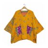 Mustard Yellow Leaf Print Reversible Kantha Top – Handmade Vintage Cotton Sari Boho Top, Free Size - Image 2