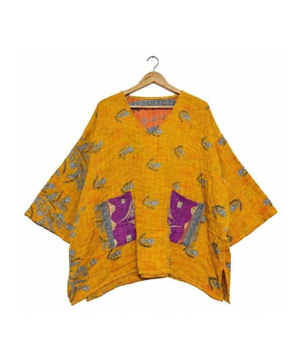 Alternative view of Mustard Yellow Leaf Print Reversible Kantha Top – Handmade Vintage Cotton Sari Boho Top, Free Size