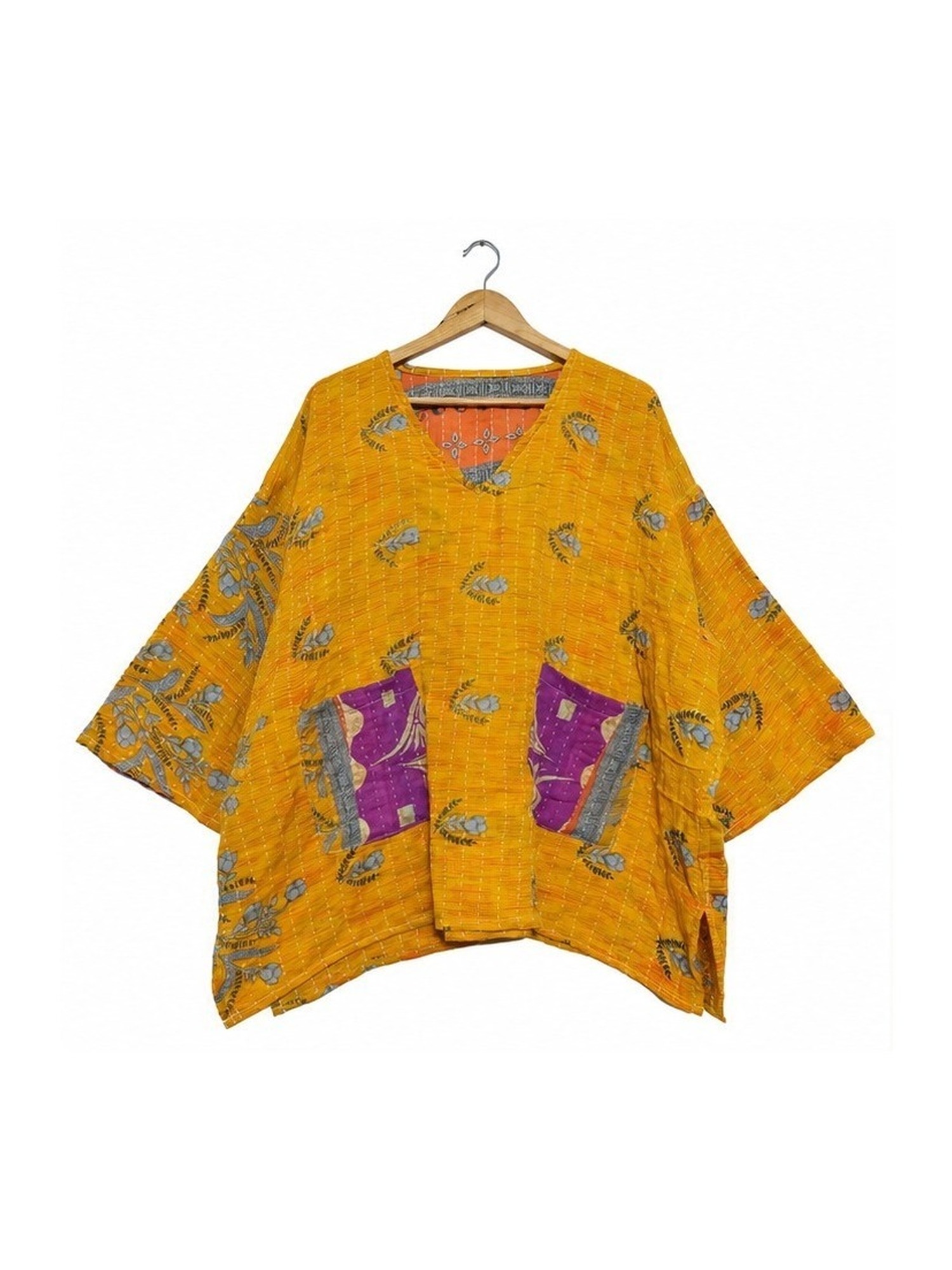 Mustard Yellow Leaf Print Reversible Kantha Top – Handmade Vintage Cotton Sari Boho Top, Free Size - Image 2