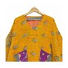 Mustard Yellow Leaf Print Reversible Kantha Top – Handmade Vintage Cotton Sari Boho Top, Free Size - Image 3