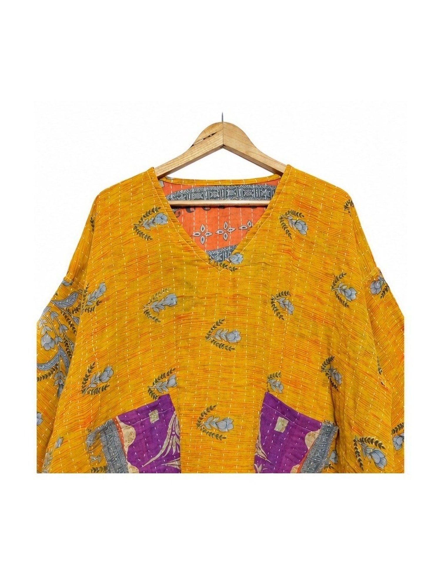 Mustard Yellow Leaf Print Reversible Kantha Top – Handmade Vintage Cotton Sari Boho Top, Free Size - Image 3