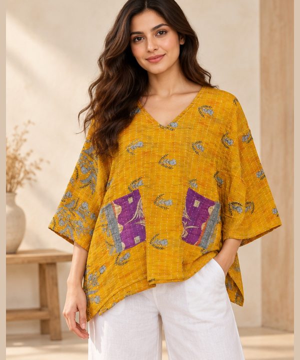 Mustard Yellow Leaf Print Reversible Kantha Top – Handmade Vintage Cotton Sari Boho Top, Free Size