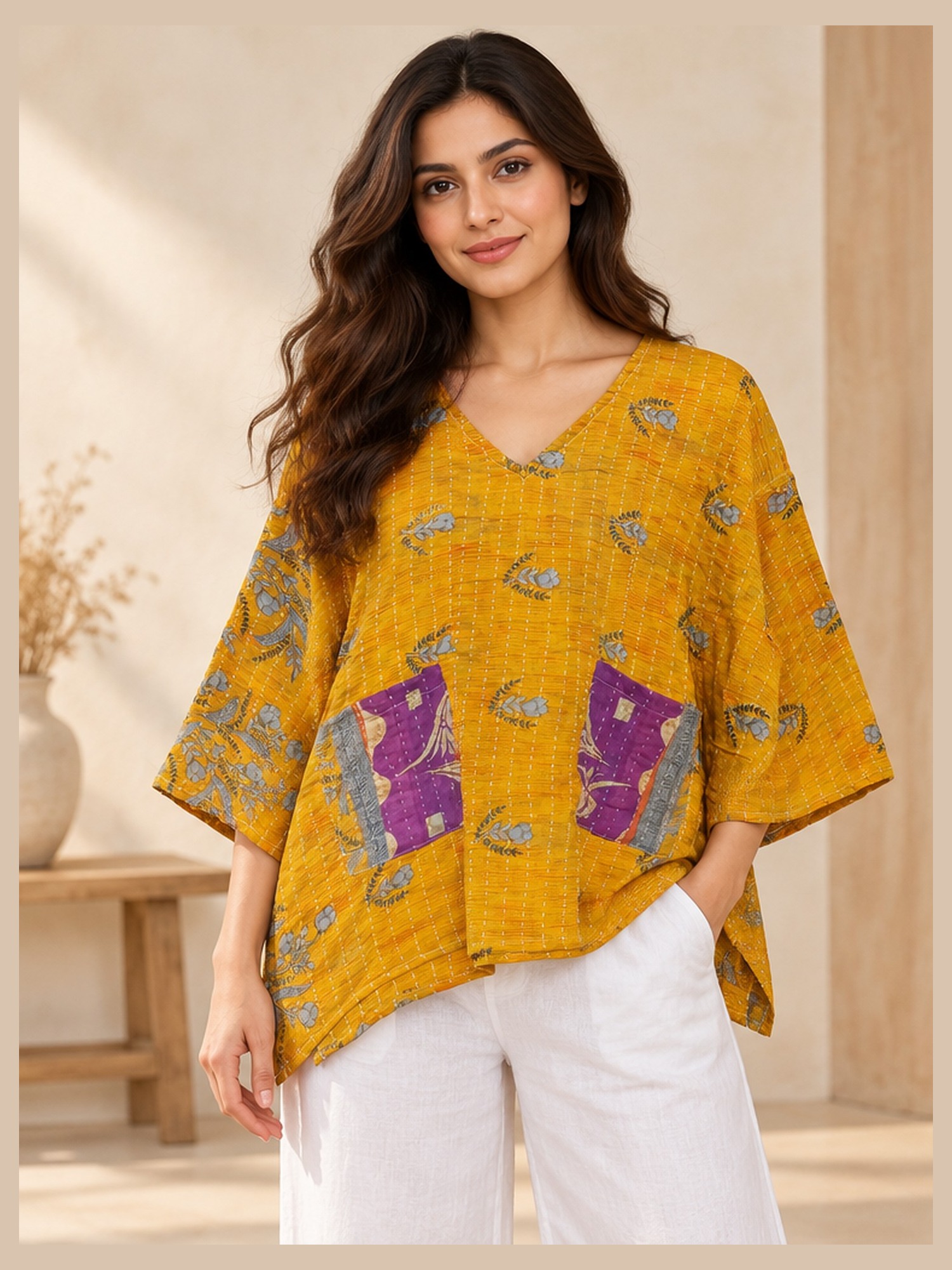Mustard Yellow Leaf Print Reversible Kantha Top – Handmade Vintage Cotton Sari Boho Top, Free Size