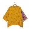 Mustard Yellow Leaf Print Reversible Kantha Top – Handmade Vintage Cotton Sari Boho Top, Free Size - Image 4