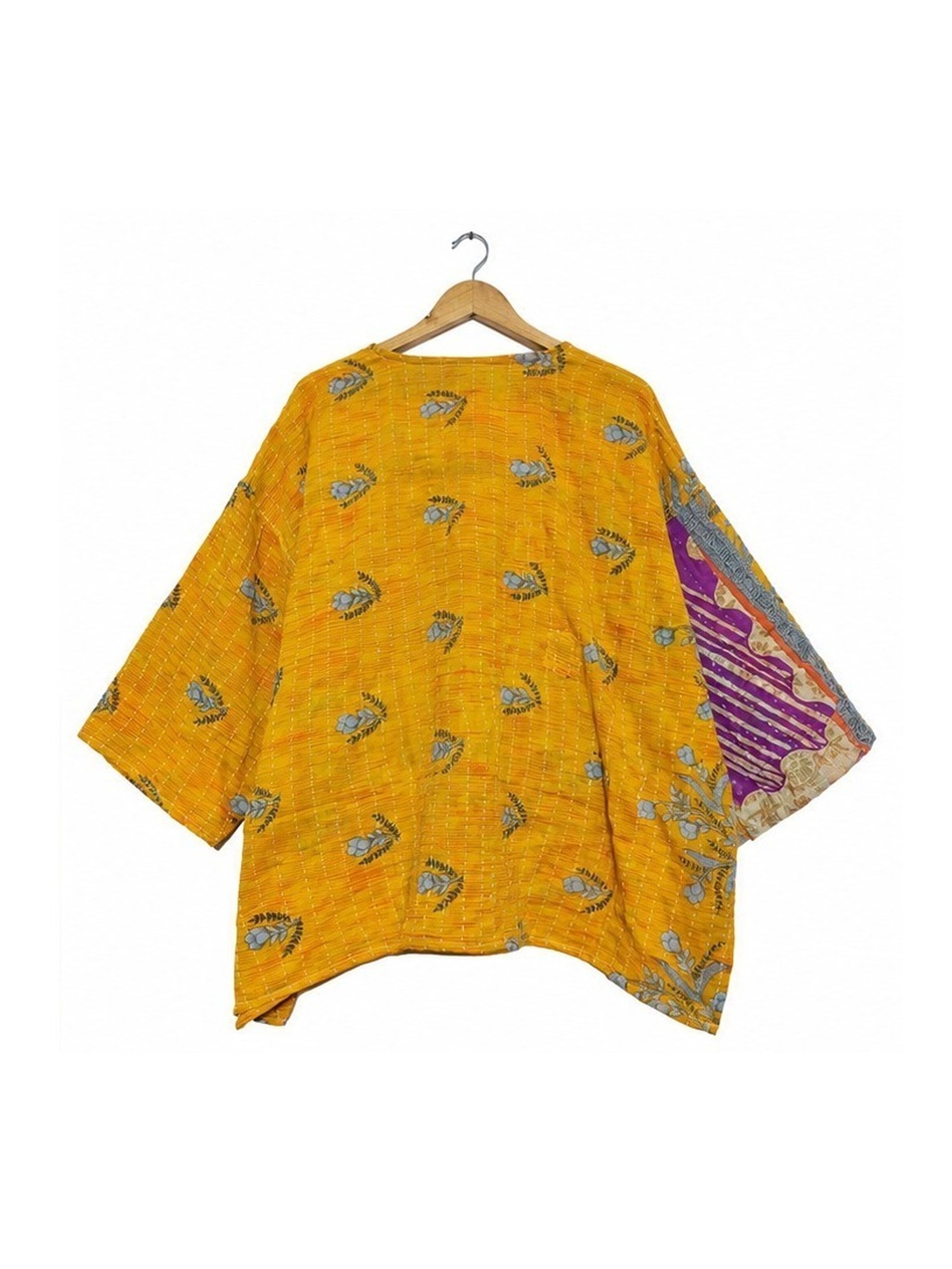 Mustard Yellow Leaf Print Reversible Kantha Top – Handmade Vintage Cotton Sari Boho Top, Free Size - Image 4