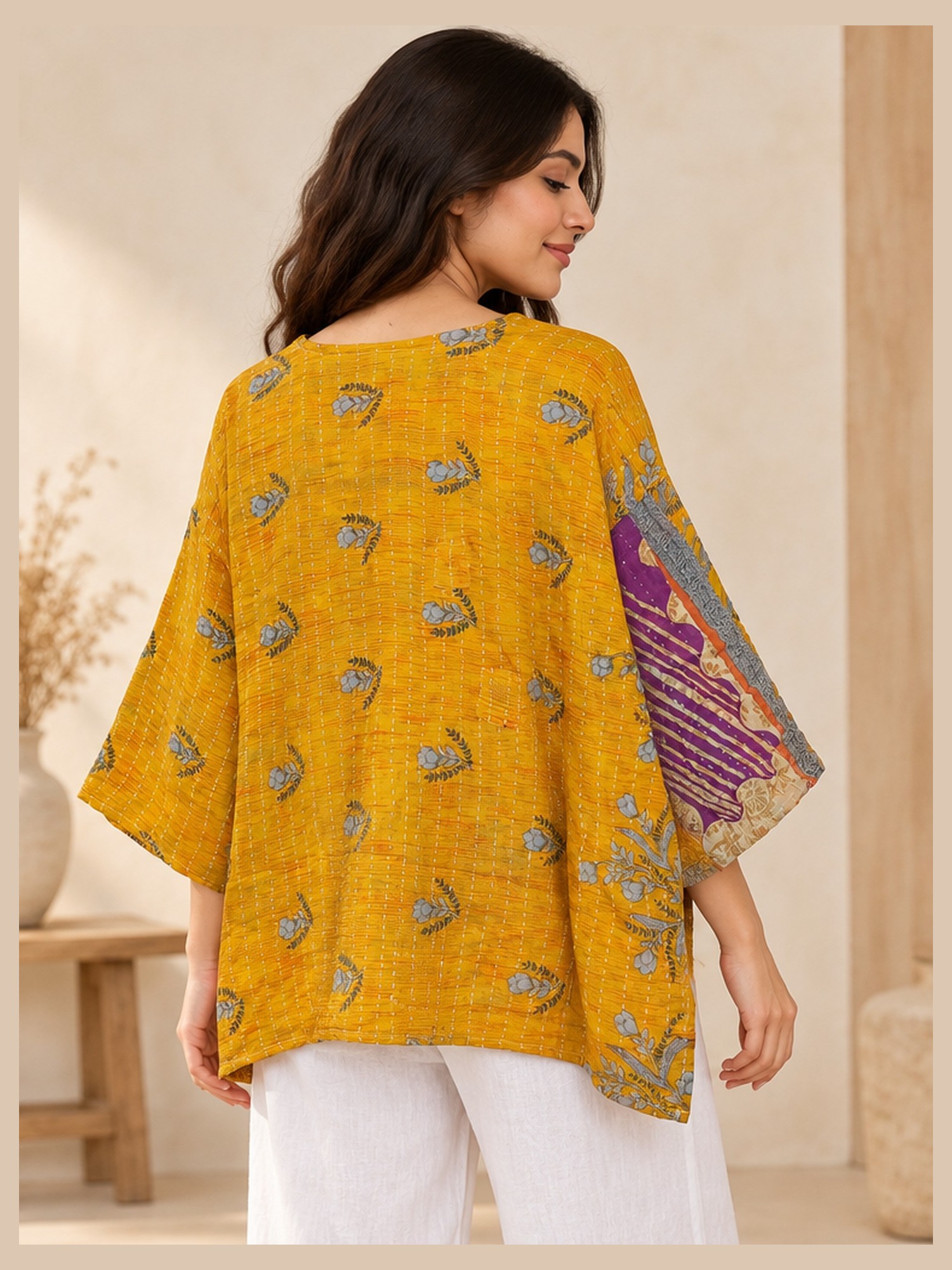 Mustard Yellow Leaf Print Reversible Kantha Top – Handmade Vintage Cotton Sari Boho Top, Free Size - Image 5