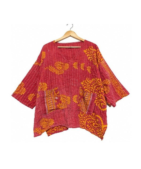 Alternative view of Red and Orange Paisley Reversible Kantha Top – Handmade Vintage Cotton Sari Boho Top, Free Size