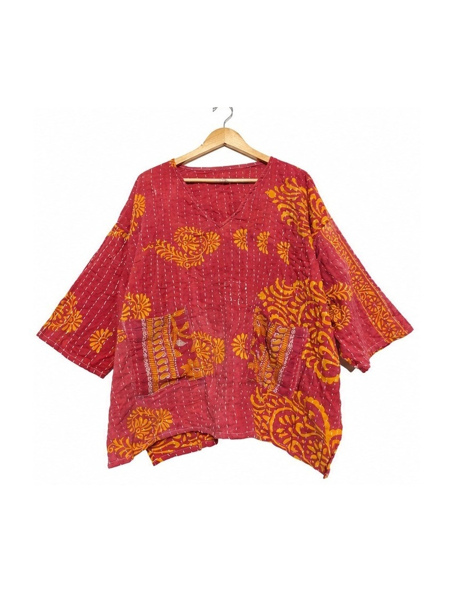 Red and Orange Paisley Reversible Kantha Top – Handmade Vintage Cotton Sari Boho Top, Free Size - Image 2