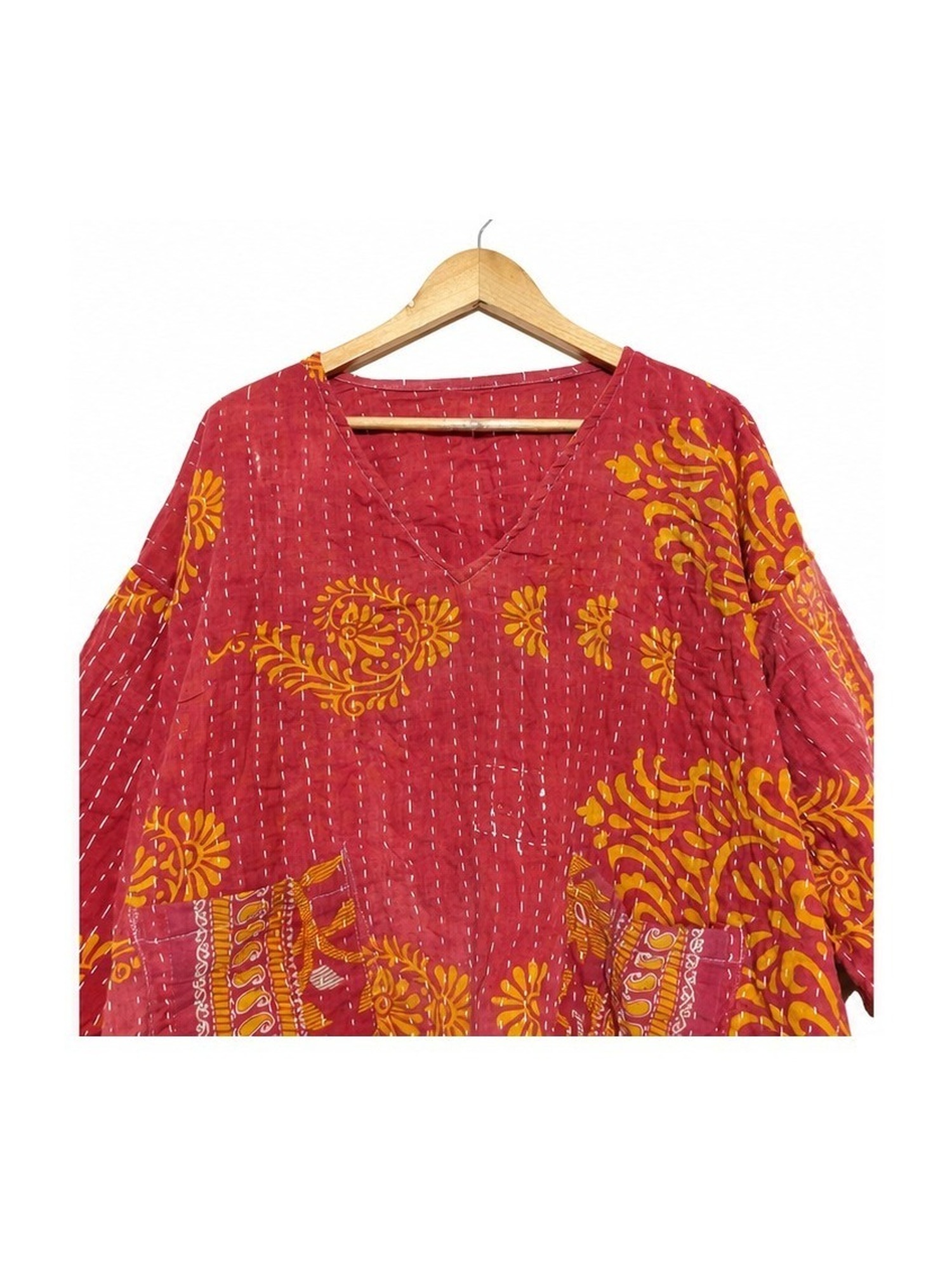 Red and Orange Paisley Reversible Kantha Top – Handmade Vintage Cotton Sari Boho Top, Free Size - Image 3