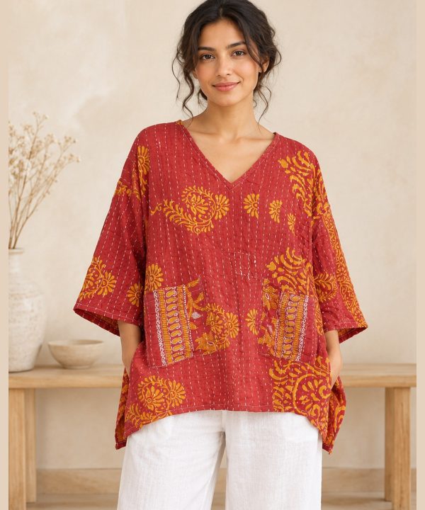 Red and Orange Paisley Reversible Kantha Top – Handmade Vintage Cotton Sari Boho Top, Free Size