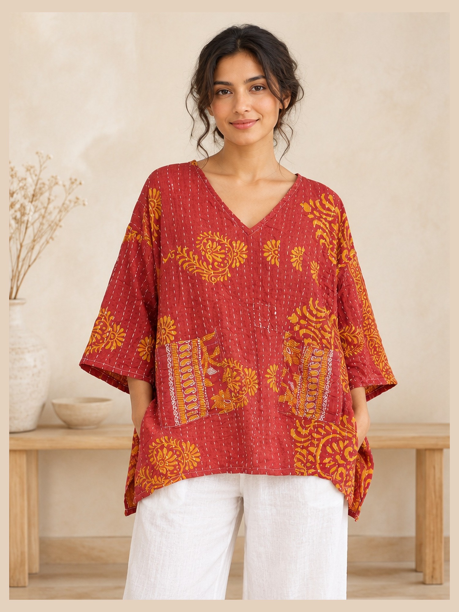 Red and Orange Paisley Reversible Kantha Top – Handmade Vintage Cotton Sari Boho Top, Free Size
