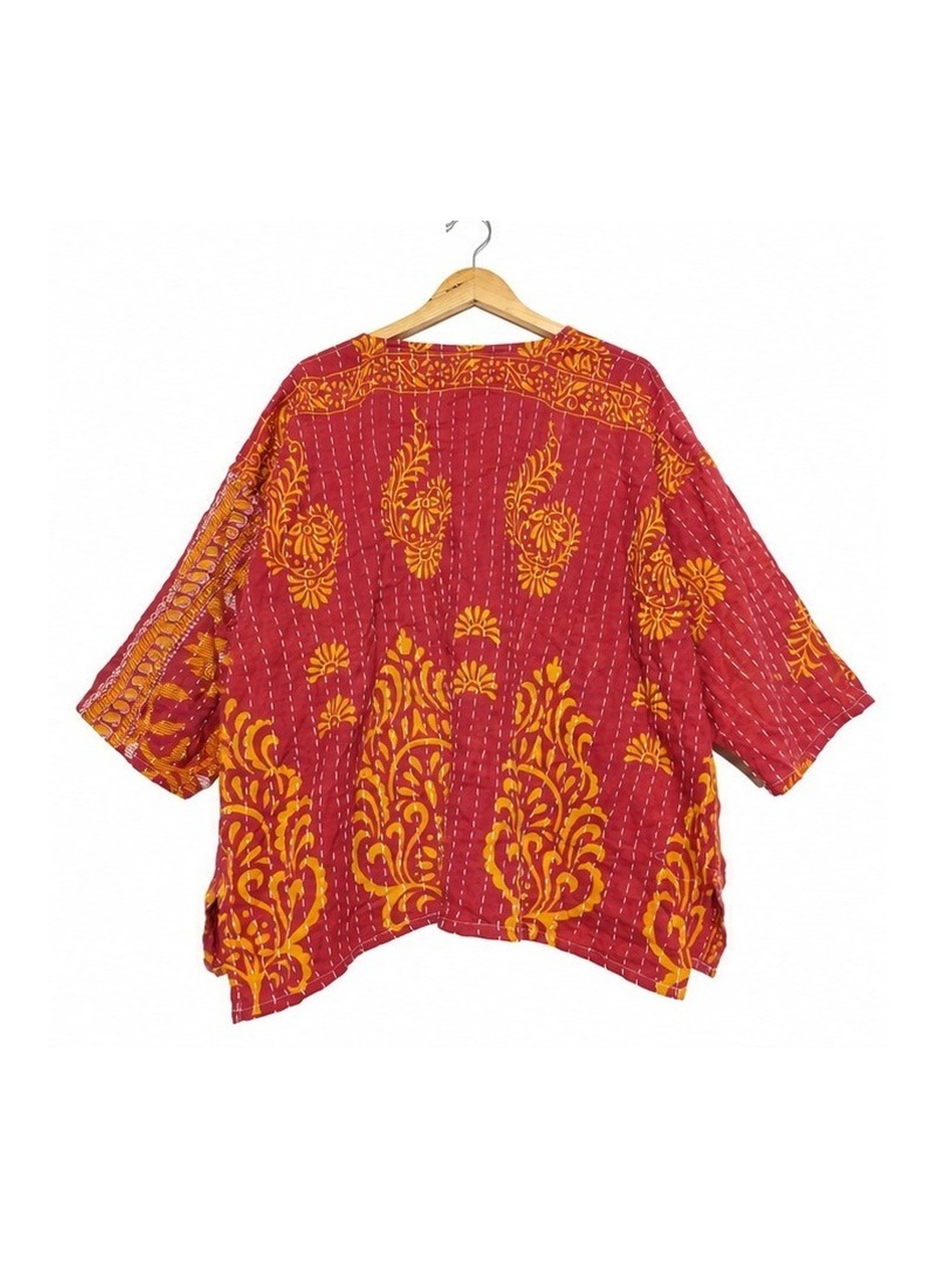 Red and Orange Paisley Reversible Kantha Top – Handmade Vintage Cotton Sari Boho Top, Free Size - Image 4