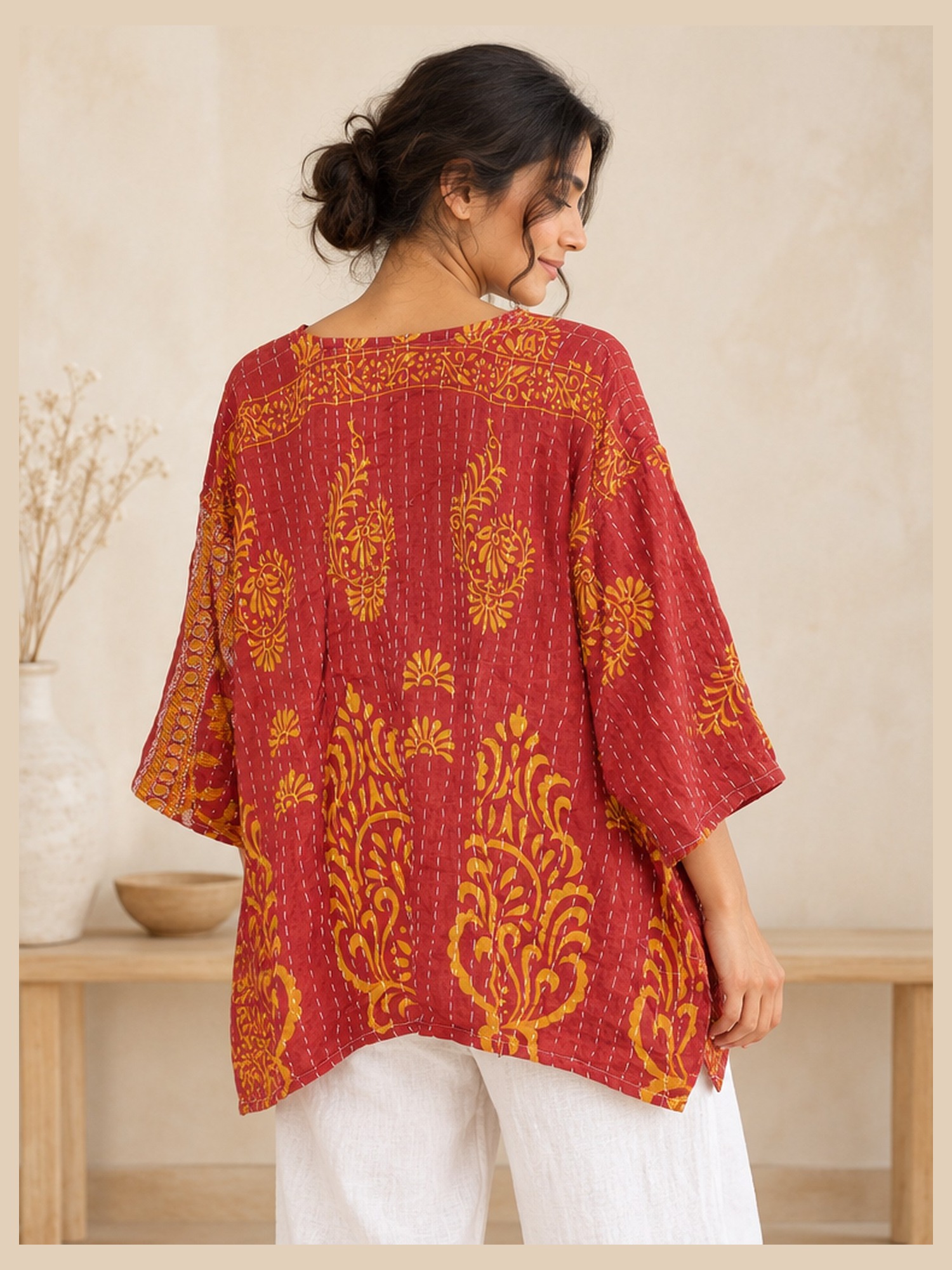 Red and Orange Paisley Reversible Kantha Top – Handmade Vintage Cotton Sari Boho Top, Free Size - Image 5