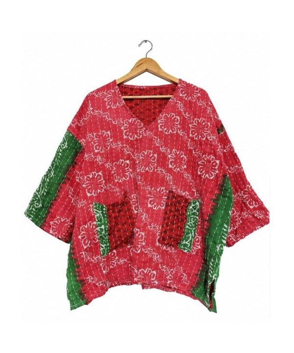 Alternative view of Red and Green Floral Reversible Kantha Top – Handmade Vintage Cotton Sari Boho Top, Free Size