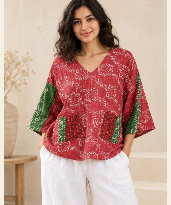 Red and Green Floral Reversible Kantha Top – Handmade Vintage Cotton Sari Boho Top, Free Size