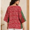 Red and Green Floral Reversible Kantha Top – Handmade Vintage Cotton Sari Boho Top, Free Size - Image 5