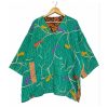 Emerald Green Bird Print Reversible Kantha Top – Handmade Vintage Cotton Sari Boho Top, Free Size - Image 2