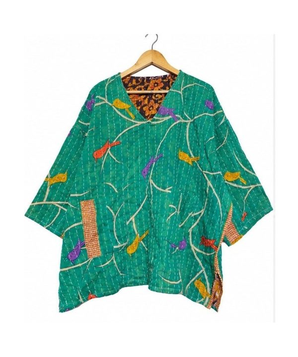 Alternative view of Emerald Green Bird Print Reversible Kantha Top – Handmade Vintage Cotton Sari Boho Top, Free Size