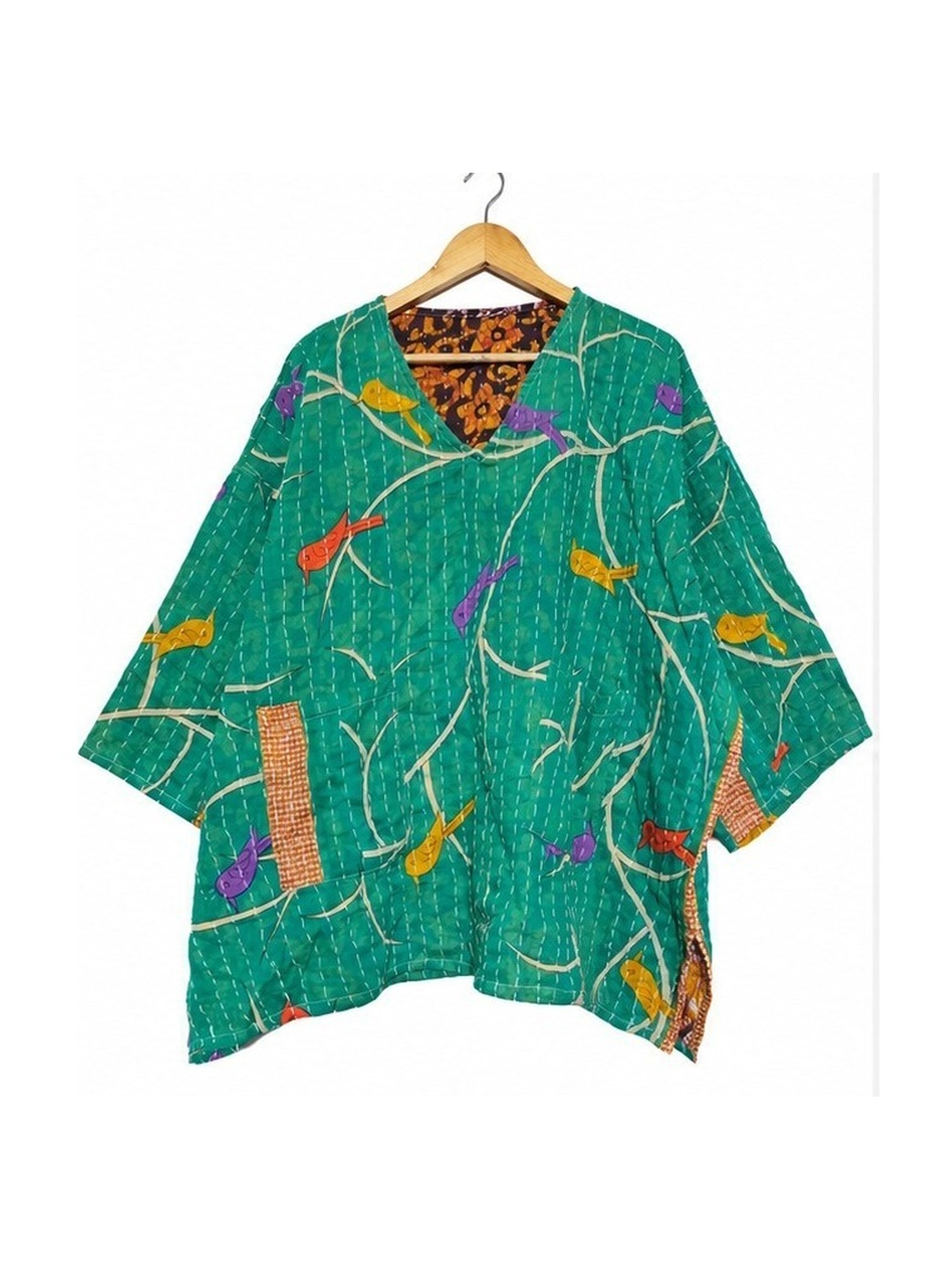 Emerald Green Bird Print Reversible Kantha Top – Handmade Vintage Cotton Sari Boho Top, Free Size - Image 2